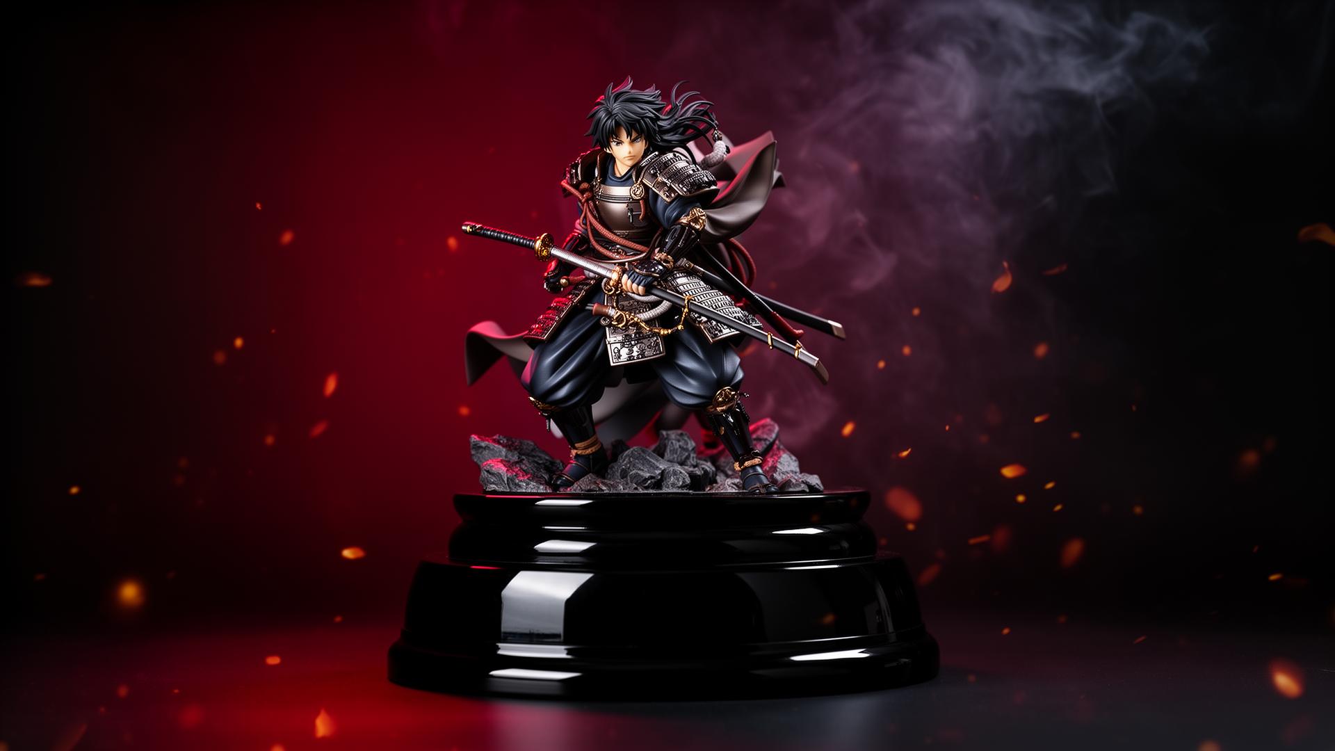 Premium anime ratnička figurica na crnom postolju sa dramatičnim grimiznim osvetljenjem